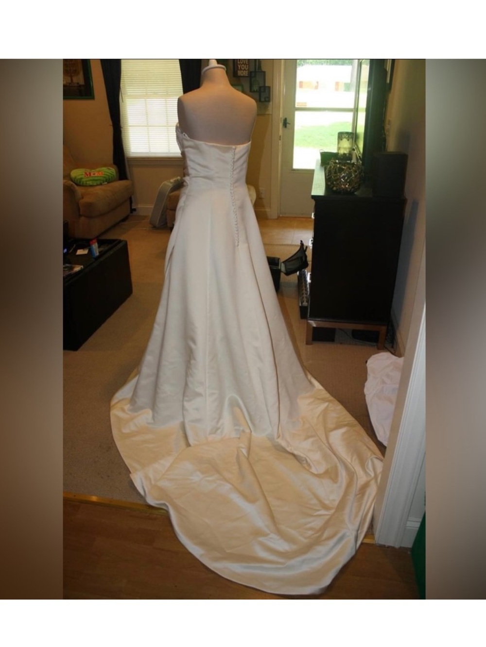 David's Bridal Strapless Ivory Satin Ball Gown with Long Train